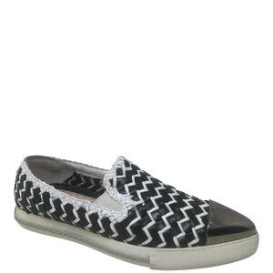 Rare Miu Miu Black & White Woven Leather Metal Cap Toe Slip On Sneakers Size 9